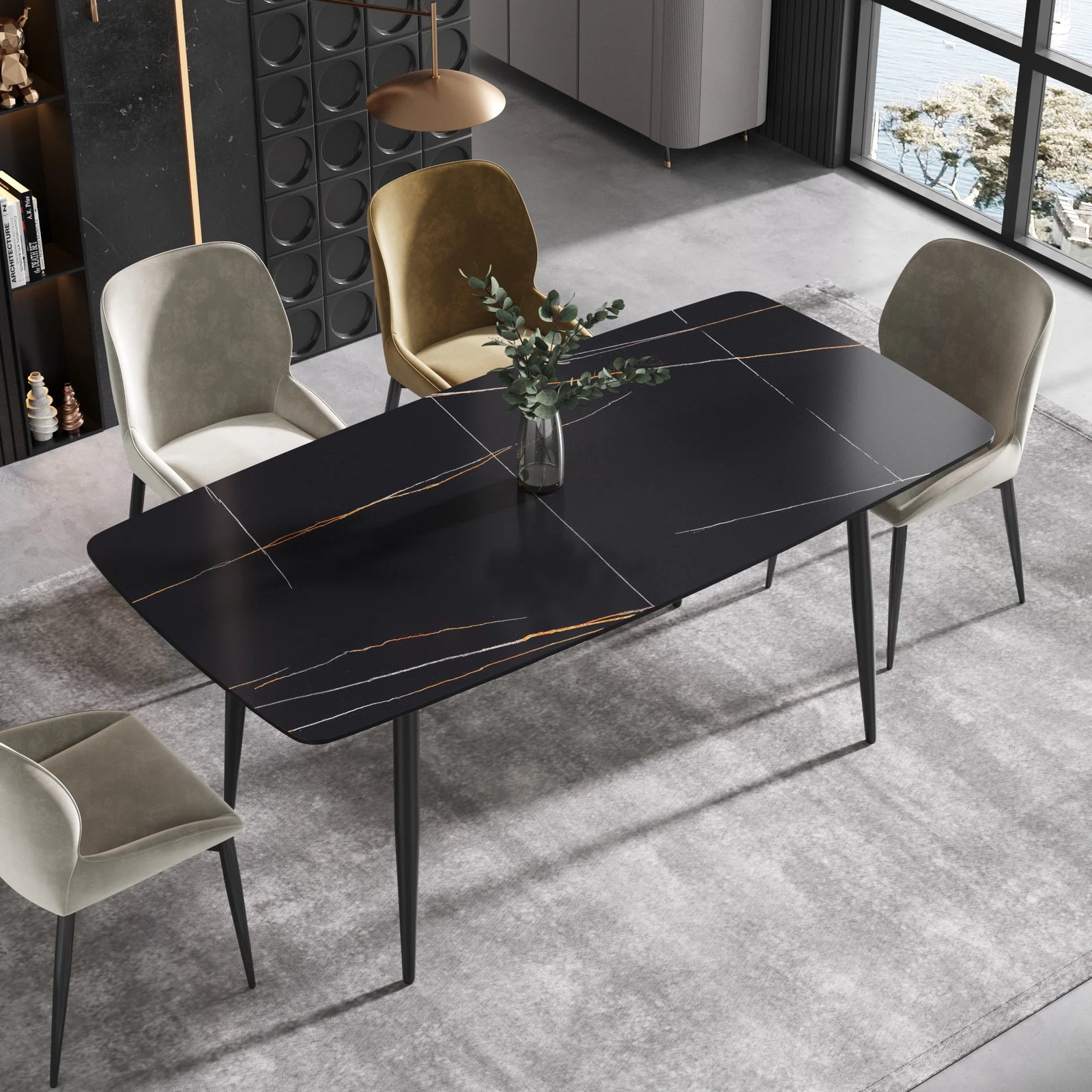 Mesa de comedor Marbella de piedra sinterizada | Rectangular de 180 cm (71") en negro mate con borde curvo