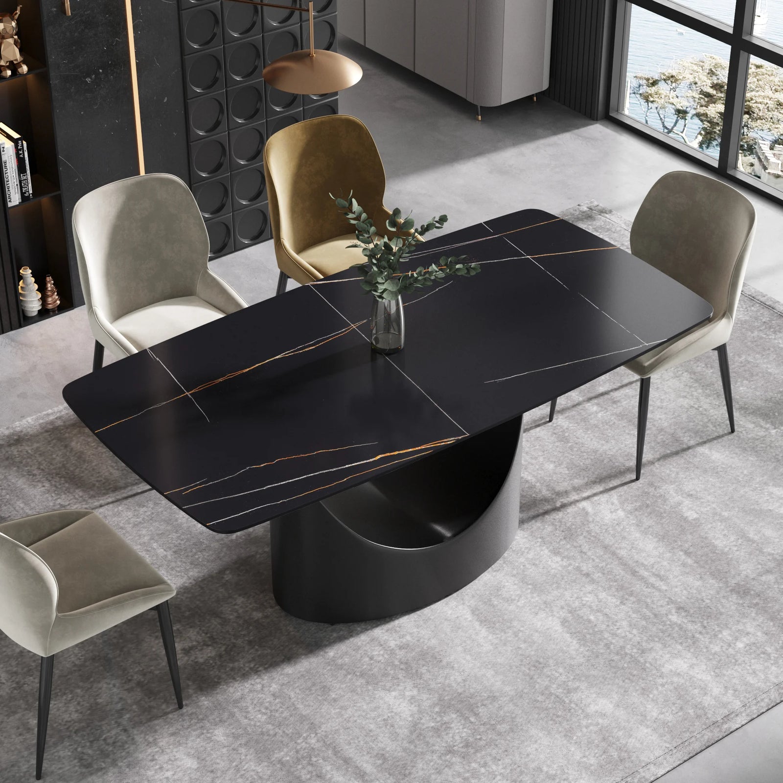 Mesa de comedor Marbella de piedra sinterizada | Rectangular de 180 cm (71") en negro mate con borde curvo