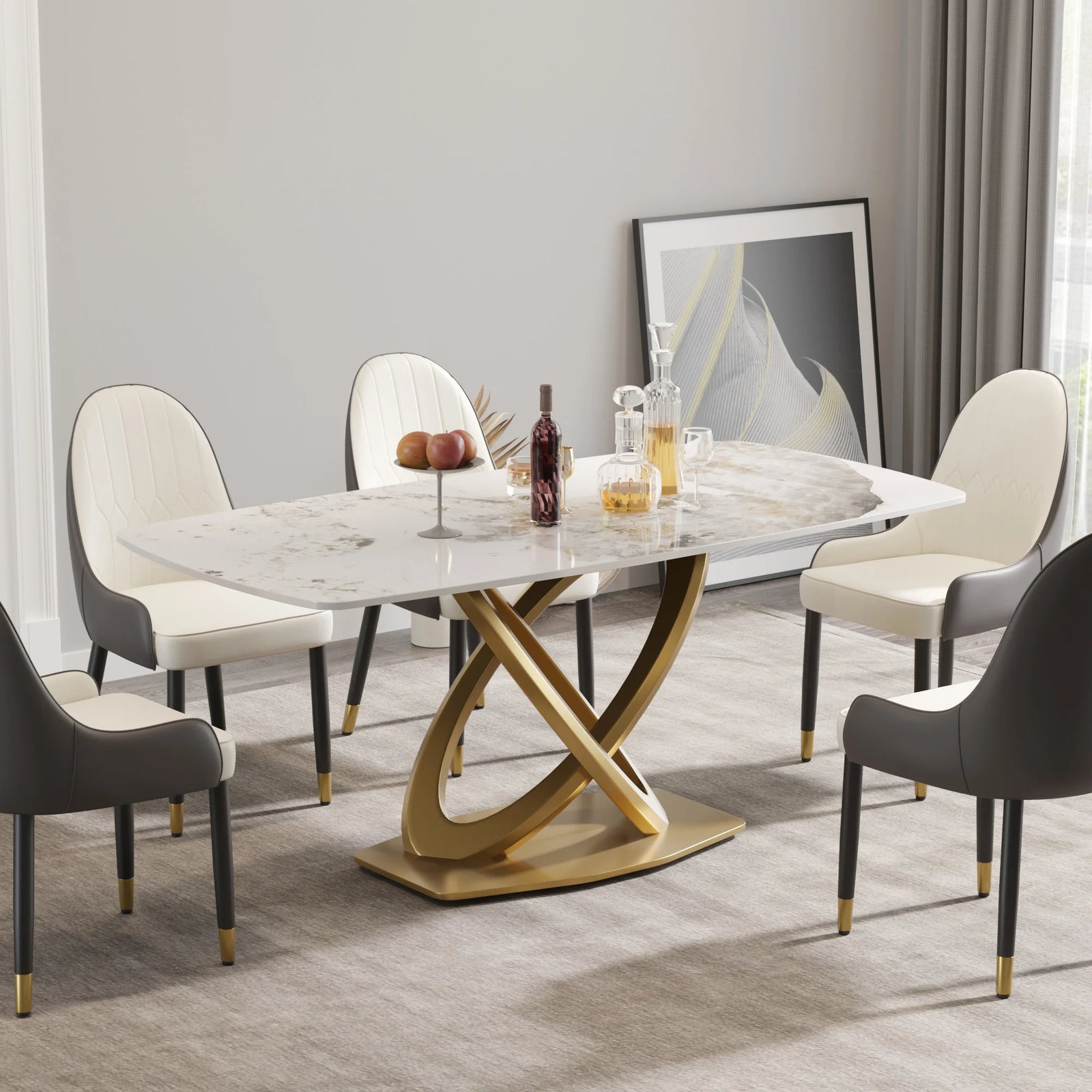 Mesa de comedor Marbella de piedra sinterizada | Pandora rectangular de 180 cm con borde curvo