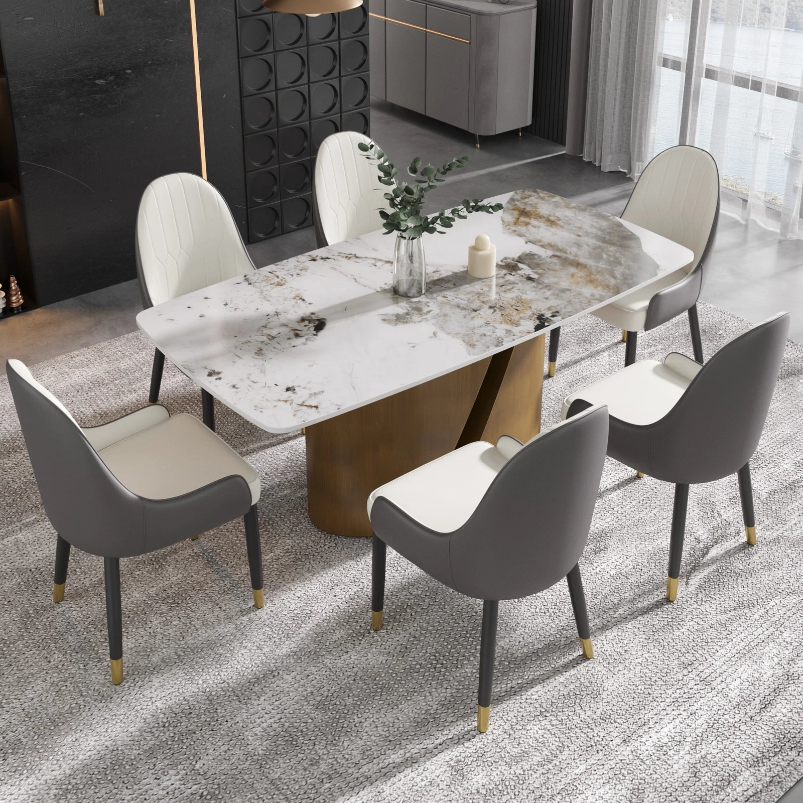 Mesa de comedor Marbella de piedra sinterizada | Pandora rectangular de 180 cm con borde curvo