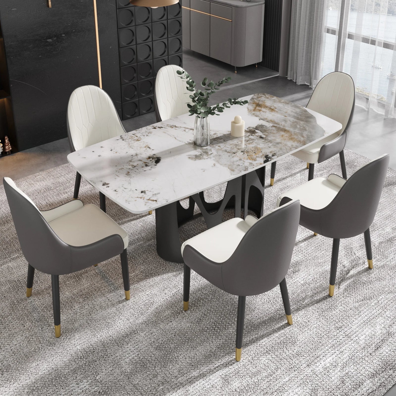 Mesa de comedor Marbella de piedra sinterizada | Pandora rectangular de 180 cm con borde curvo