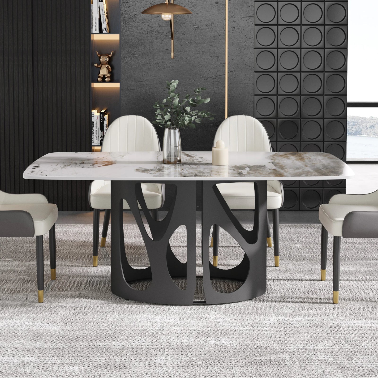 Mesa de comedor Marbella de piedra sinterizada | Pandora rectangular de 180 cm con borde curvo