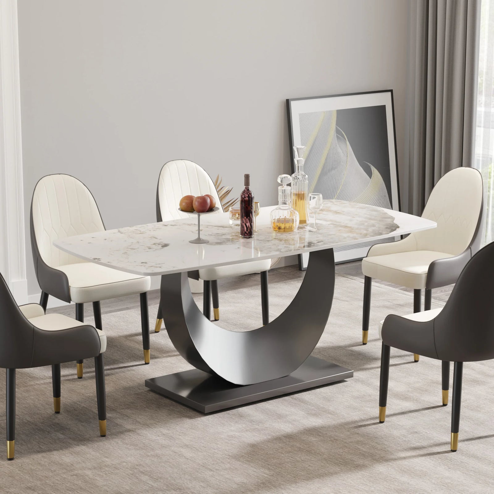 Mesa de comedor Marbella de piedra sinterizada | Pandora rectangular de 180 cm con borde curvo