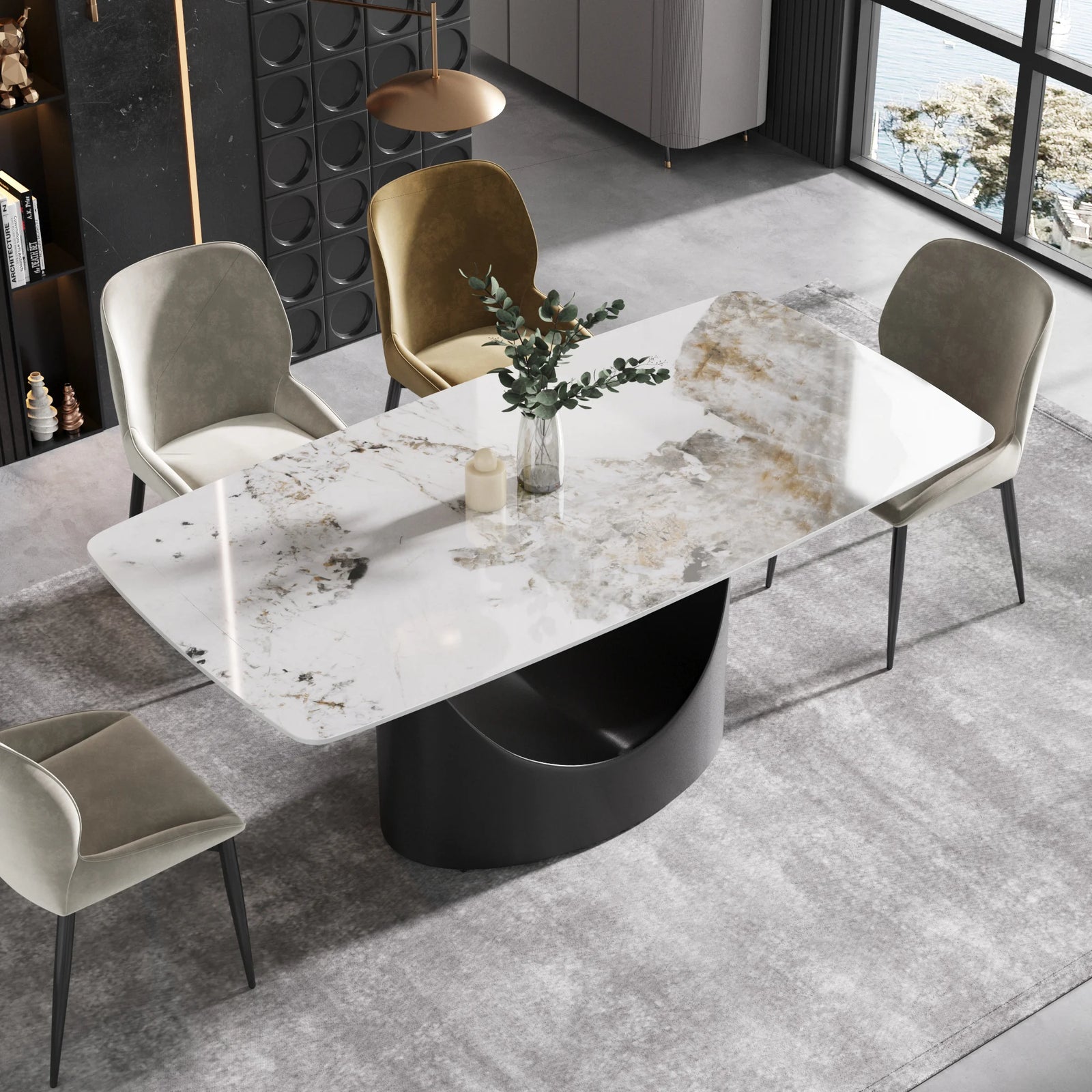 Mesa de comedor Marbella de piedra sinterizada | Pandora rectangular de 180 cm con borde curvo