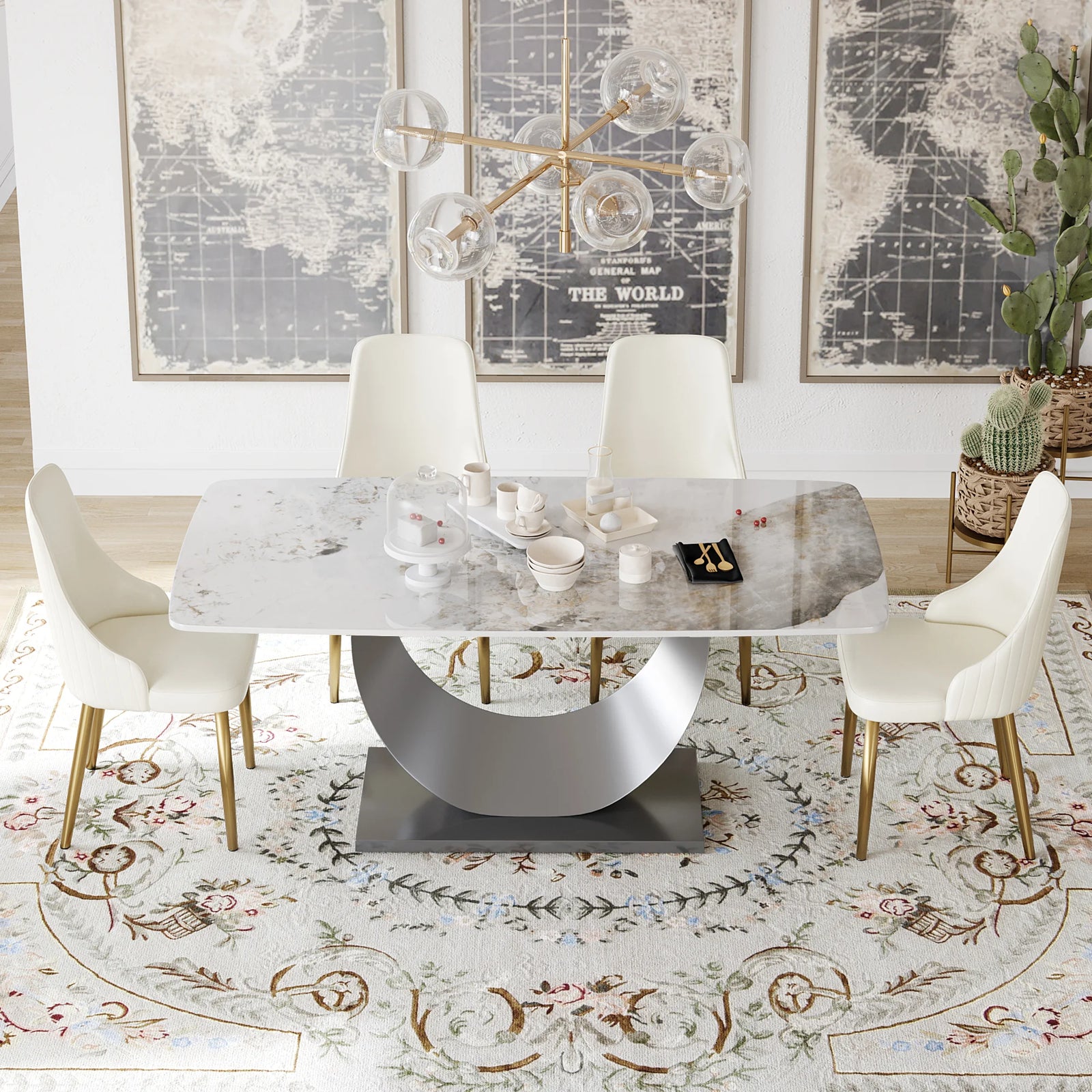 Mesa de comedor Marbella de piedra sinterizada | Pandora rectangular de 180 cm con borde curvo
