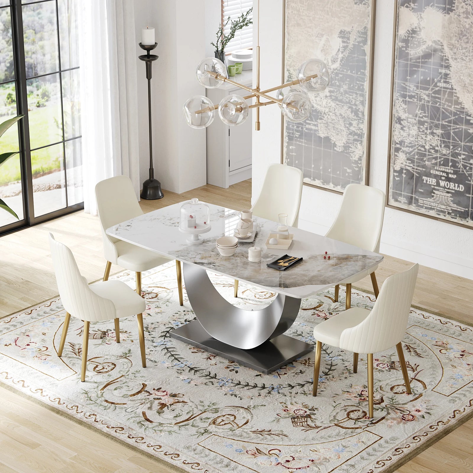 Mesa de comedor Marbella de piedra sinterizada | Pandora rectangular de 180 cm con borde curvo