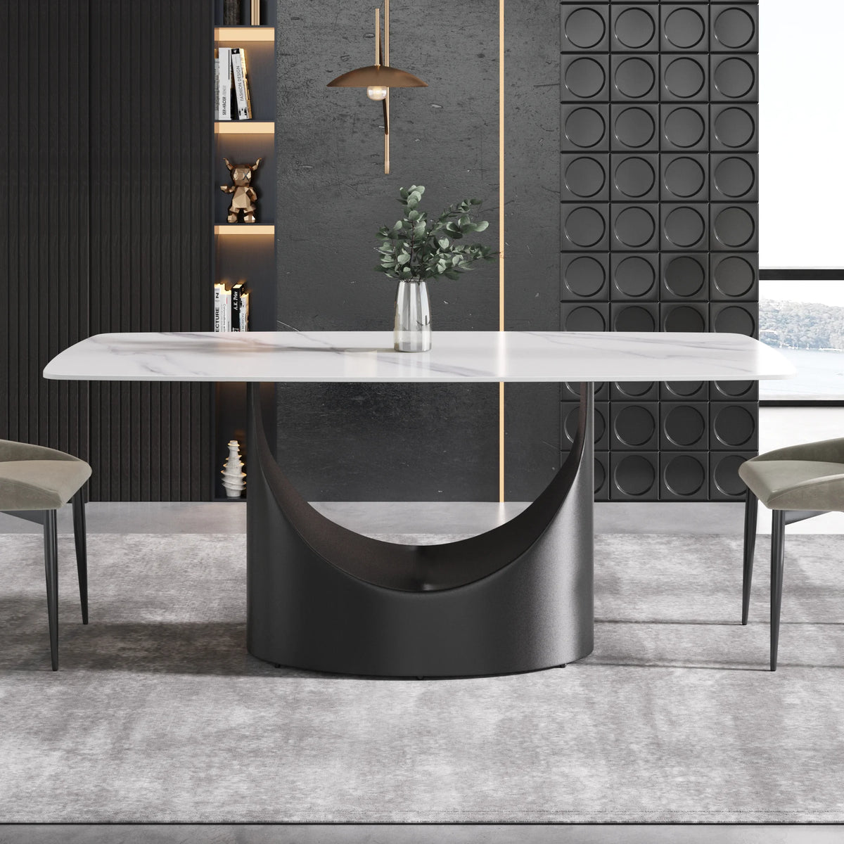 Mesa de comedor Marbella de piedra sinterizada | Rectangular, blanca brillante, de 180 cm con borde curvo