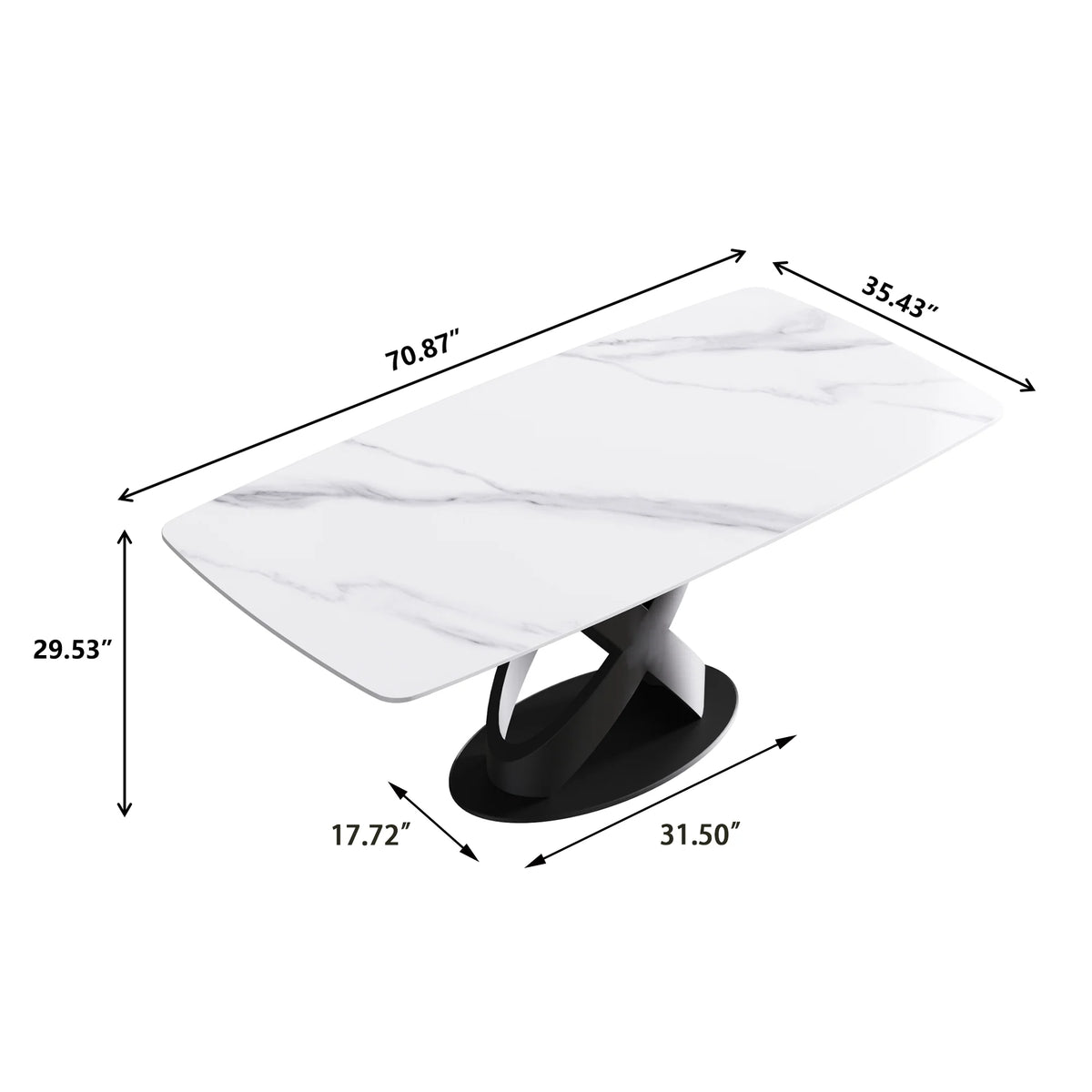 Marbella Sintered Stone Dining Table | 71" White Gloss Rectangular With Curved Edge