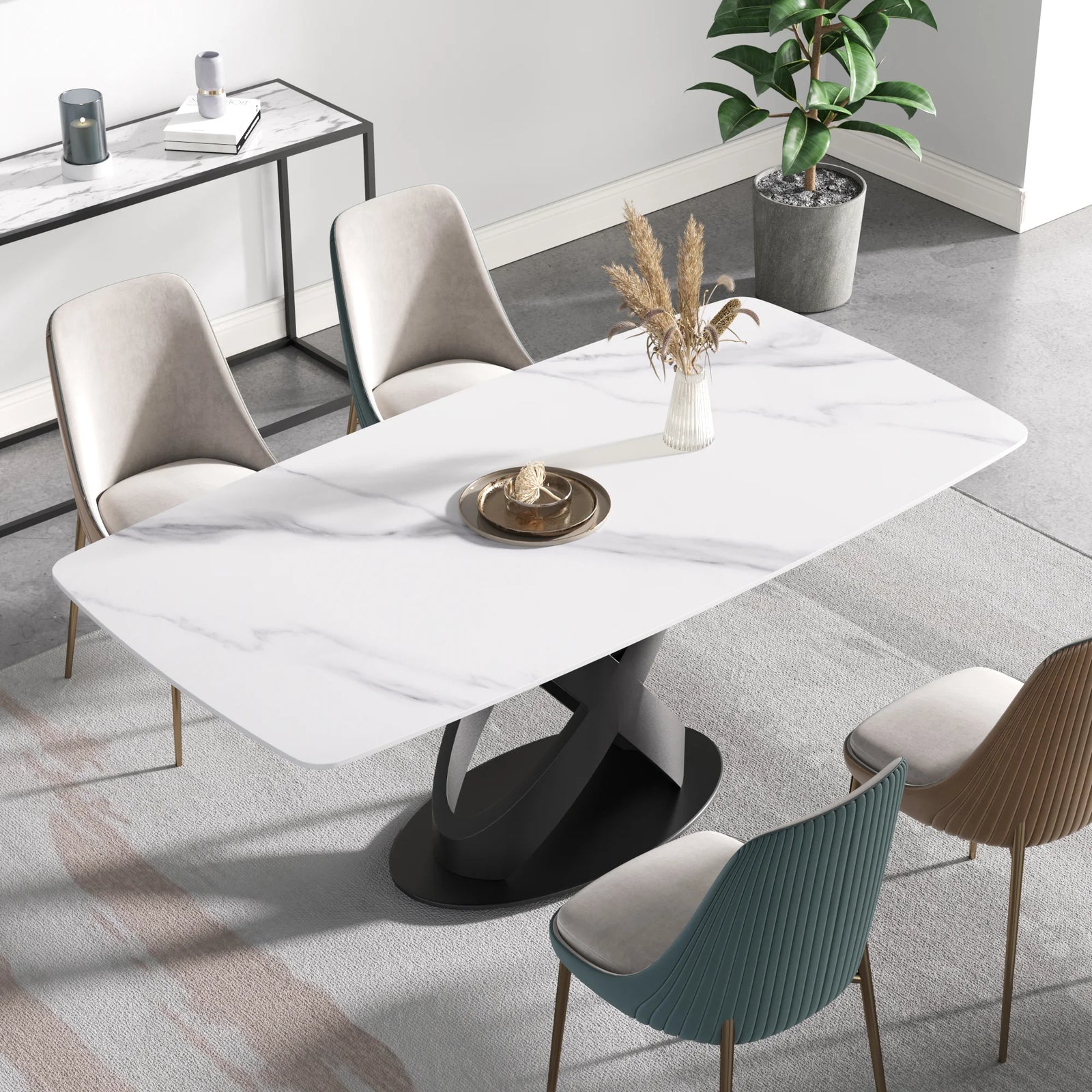 Marbella Sintered Stone Dining Table | 71" White Gloss Rectangular With Curved Edge