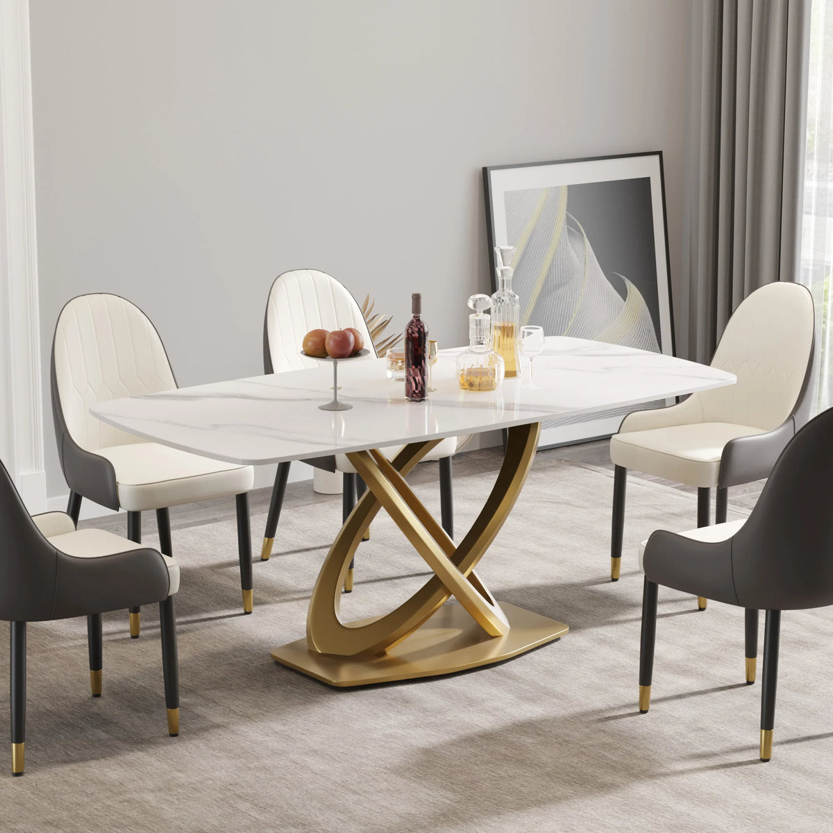 Mesa de comedor Marbella de piedra sinterizada | Rectangular, blanca brillante, de 180 cm con borde curvo
