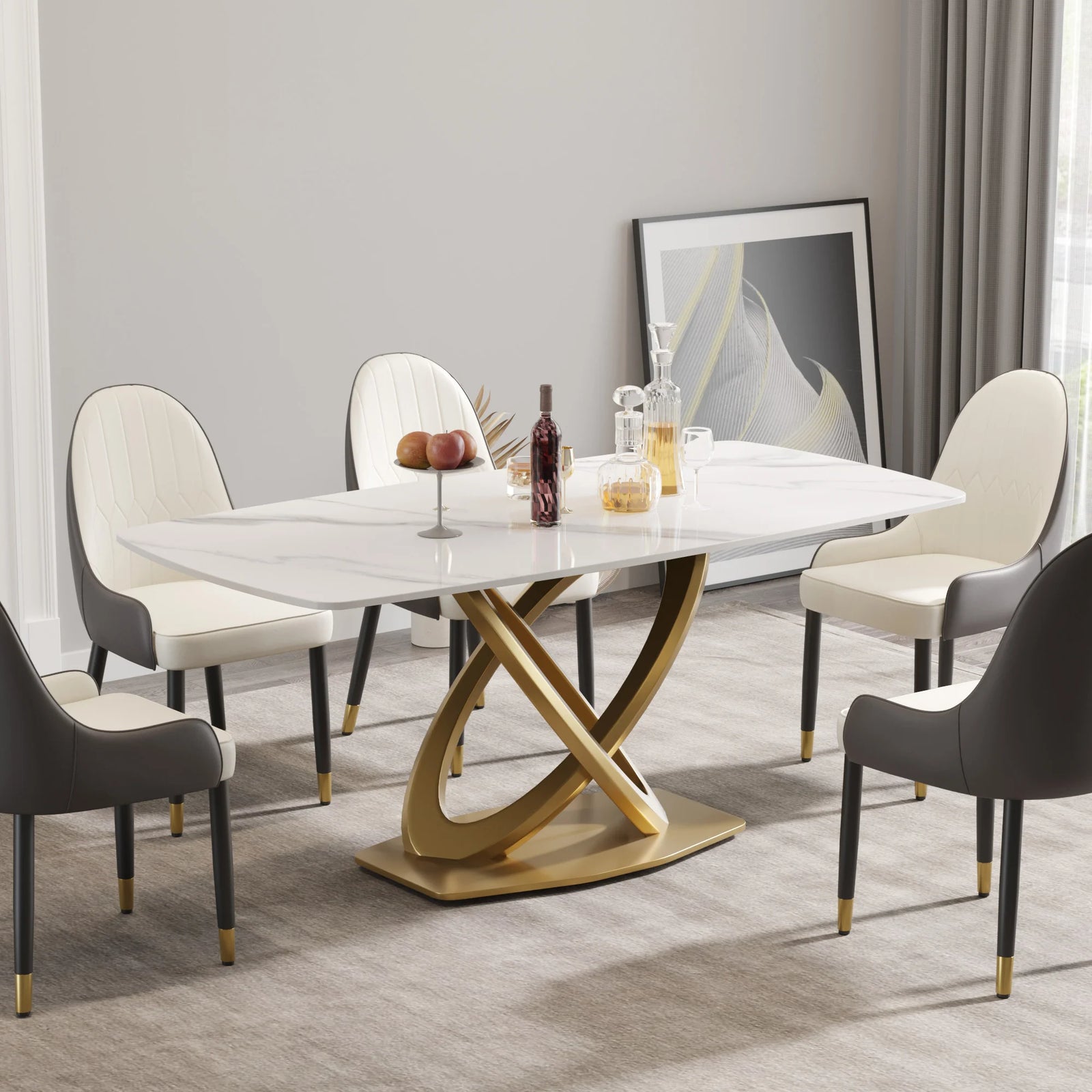 Marbella Sintered Stone Dining Table | 71" White Gloss Rectangular With Curved Edge