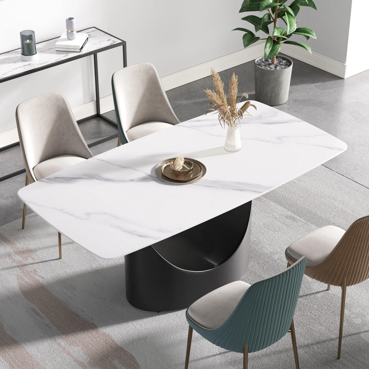 Mesa de comedor Marbella de piedra sinterizada | Rectangular, blanca brillante, de 180 cm con borde curvo