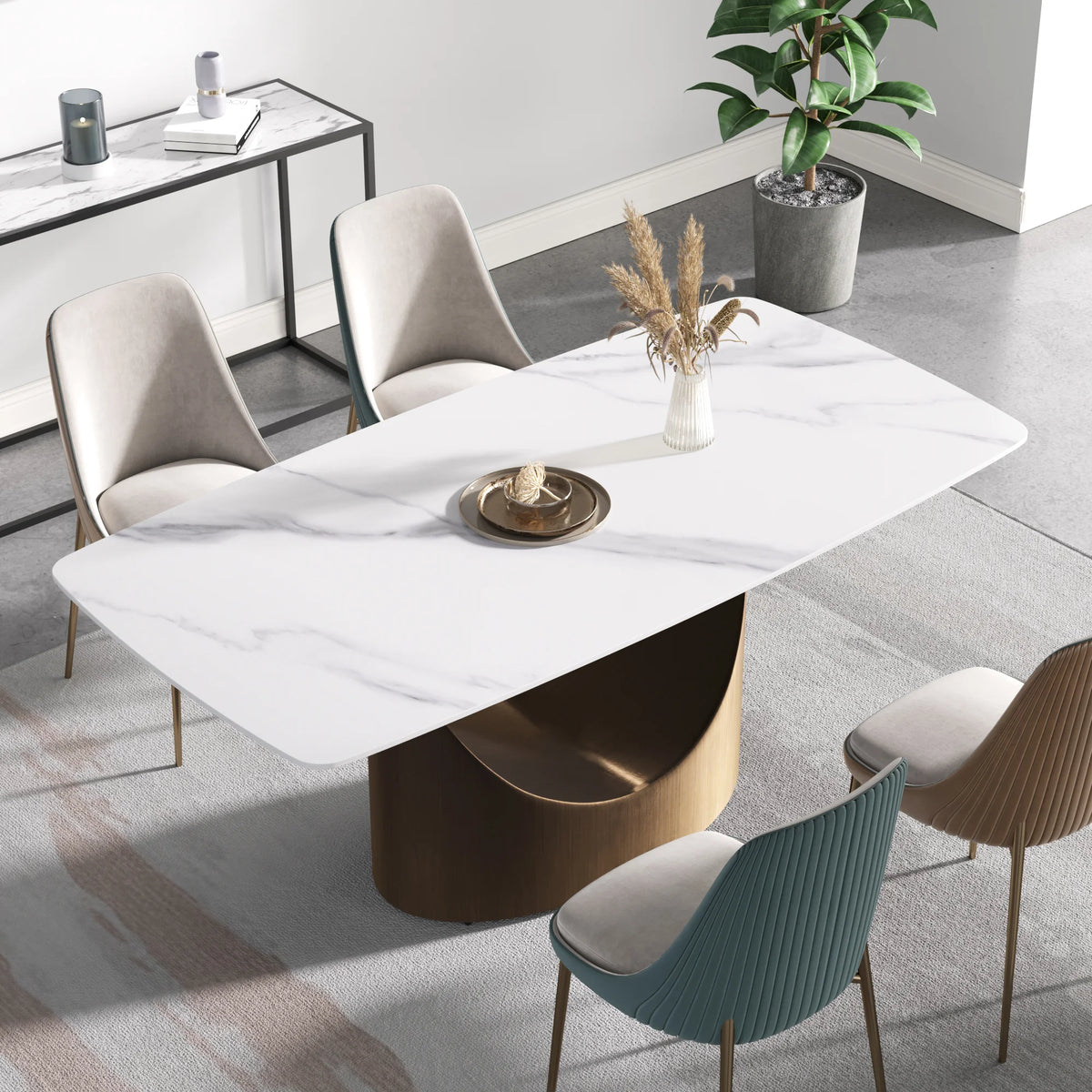 Marbella Sintered Stone Dining Table | 71" White Gloss Rectangular With Curved Edge