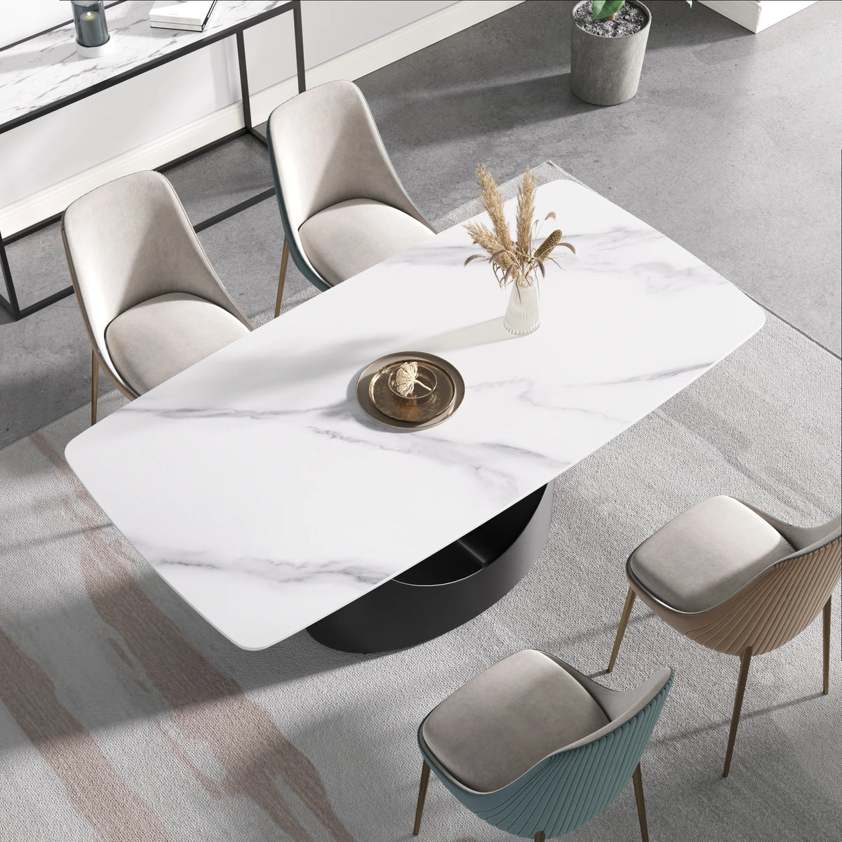 Mesa de comedor Marbella de piedra sinterizada | Rectangular, blanca brillante, de 180 cm con borde curvo