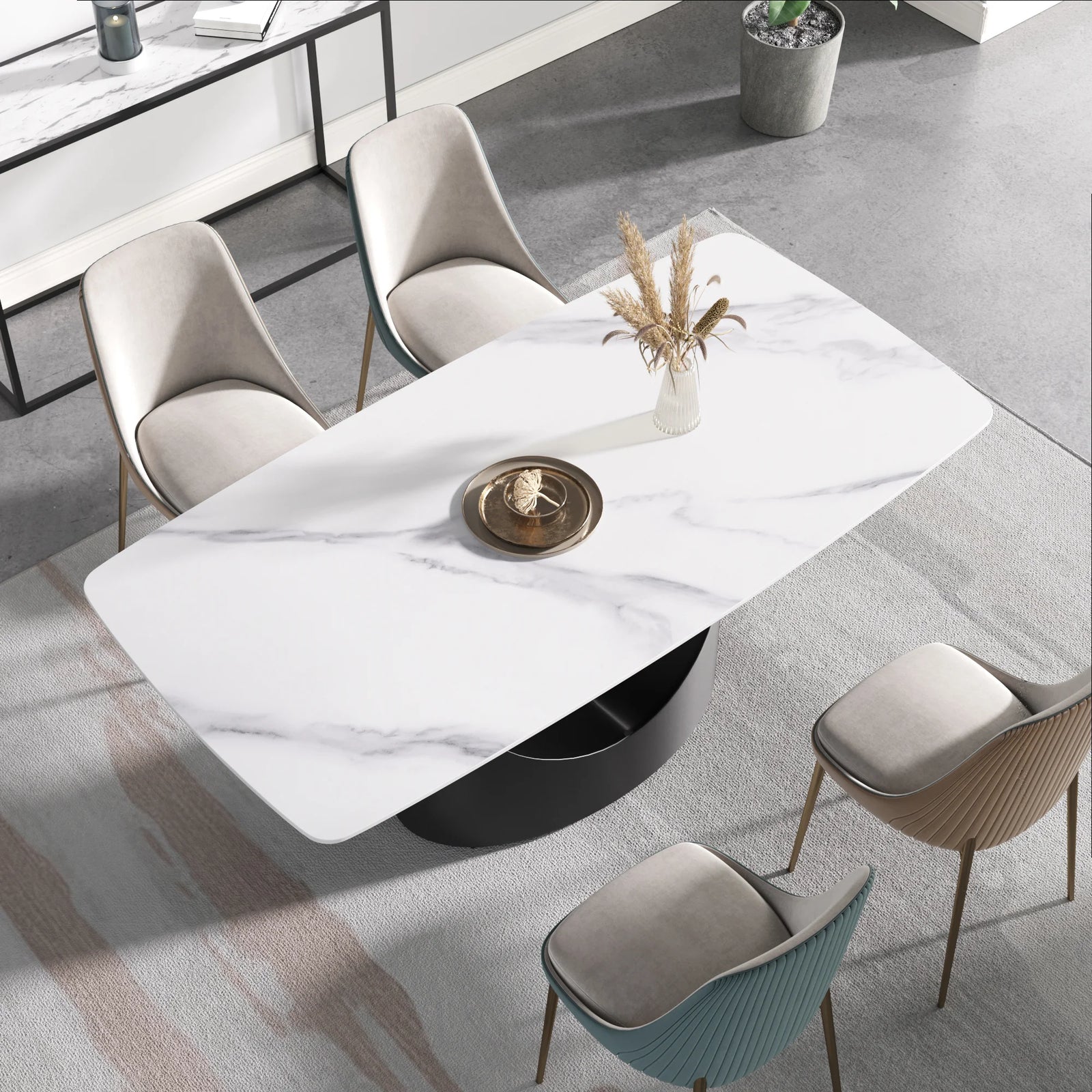 Mesa de comedor Marbella de piedra sinterizada | Rectangular, blanca brillante, de 180 cm con borde curvo