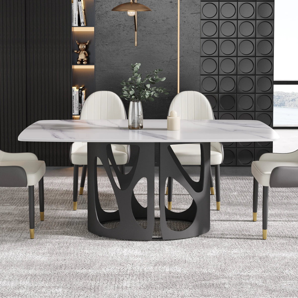 Marbella Sintered Stone Dining Table | 71" White Gloss Rectangular With Curved Edge