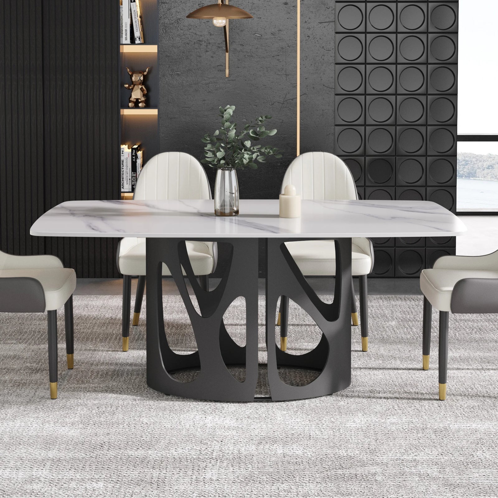 Mesa de comedor Marbella de piedra sinterizada | Rectangular, blanca brillante, de 180 cm con borde curvo