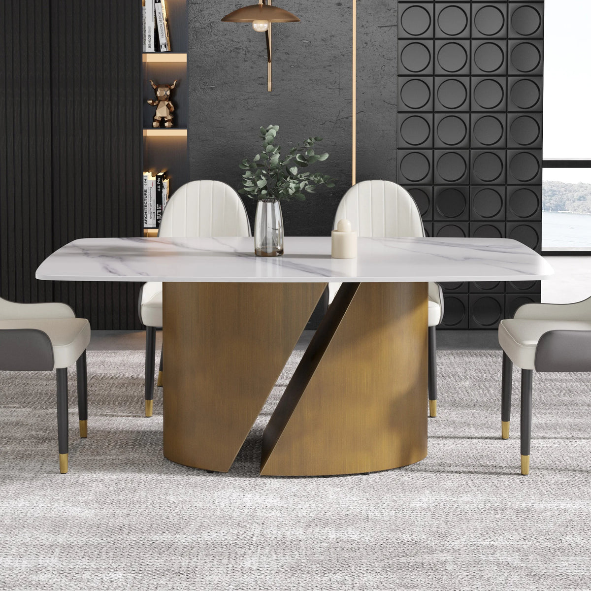 Marbella Sintered Stone Dining Table | 71" White Gloss Rectangular With Curved Edge