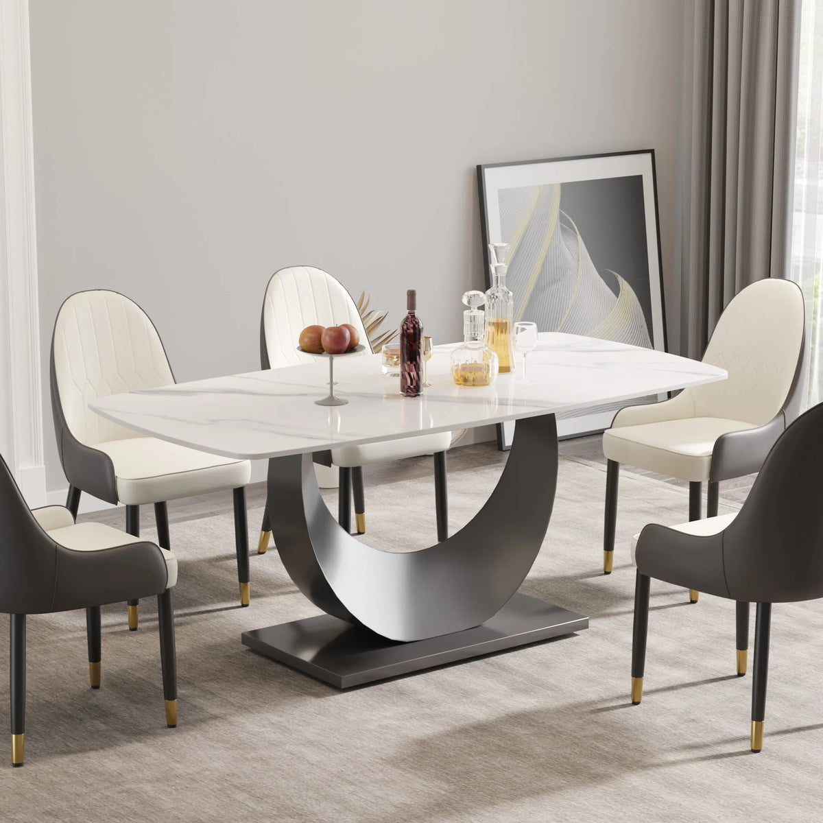 Marbella Sintered Stone Dining Table | 71" White Gloss Rectangular With Curved Edge