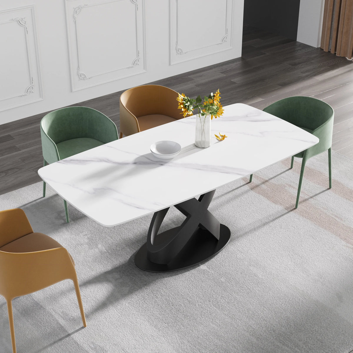 Marbella Sintered Stone Dining Table | 71" White Gloss Rectangular With Curved Edge