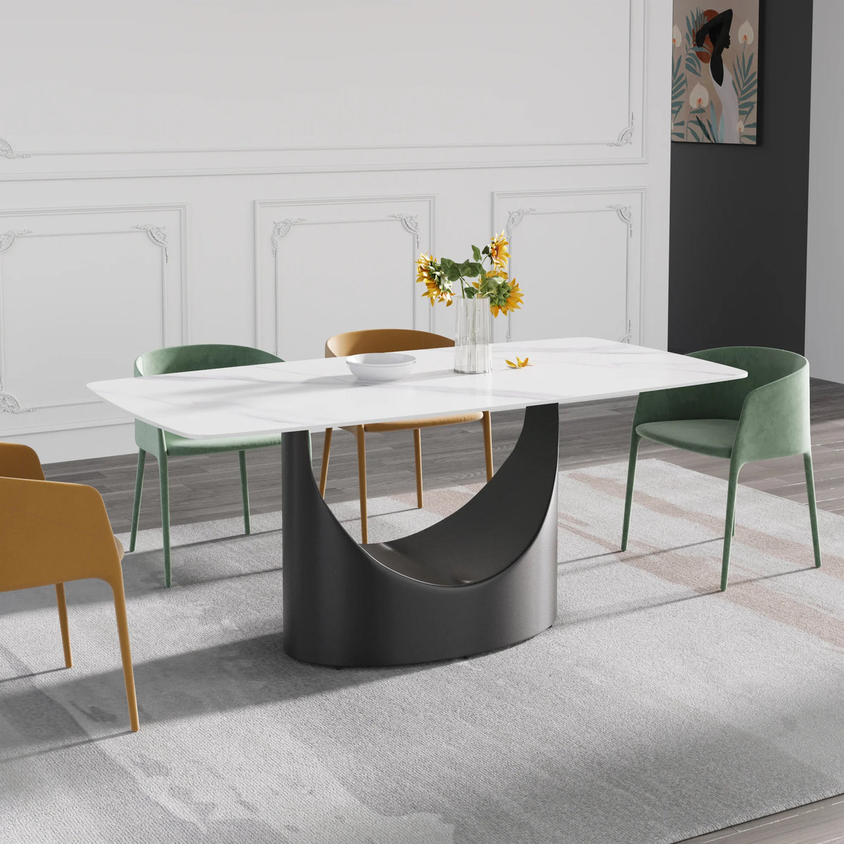 Mesa de comedor Marbella de piedra sinterizada | Rectangular, blanca brillante, de 180 cm con borde curvo
