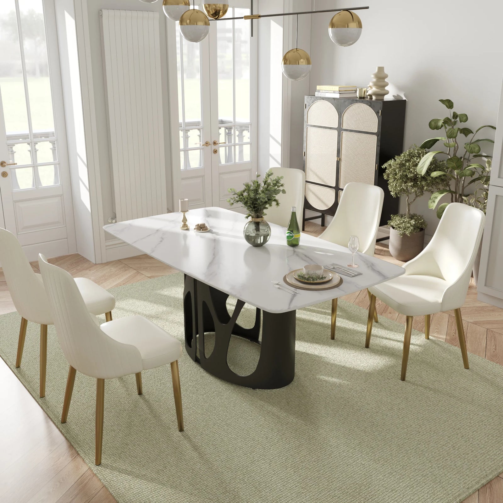 Mesa de comedor Marbella de piedra sinterizada | Rectangular, blanca brillante, de 180 cm con borde curvo