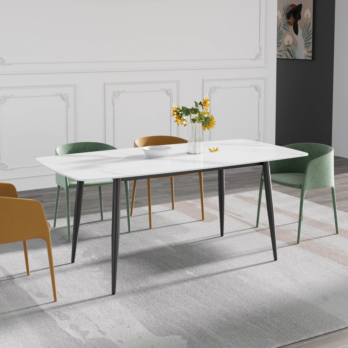 Marbella Sintered Stone Dining Table | 71" White Gloss Rectangular With Curved Edge