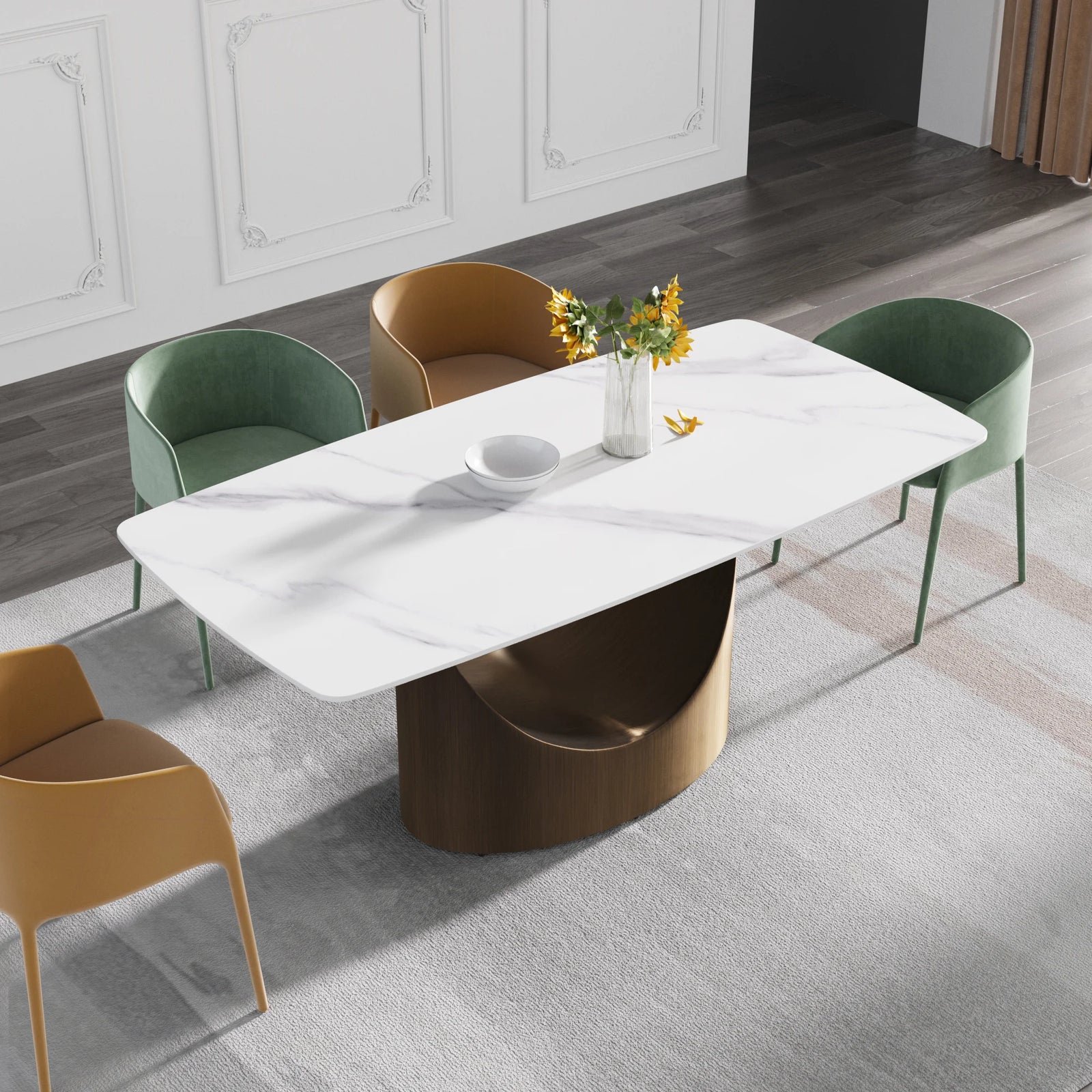 Marbella Sintered Stone Dining Table | 71" White Gloss Rectangular With Curved Edge