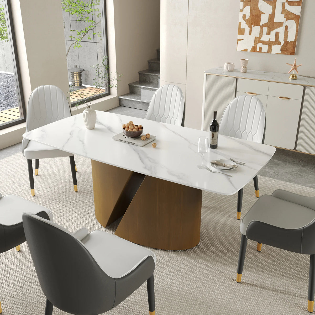 Marbella Sintered Stone Dining Table | 71" White Gloss Rectangular With Curved Edge