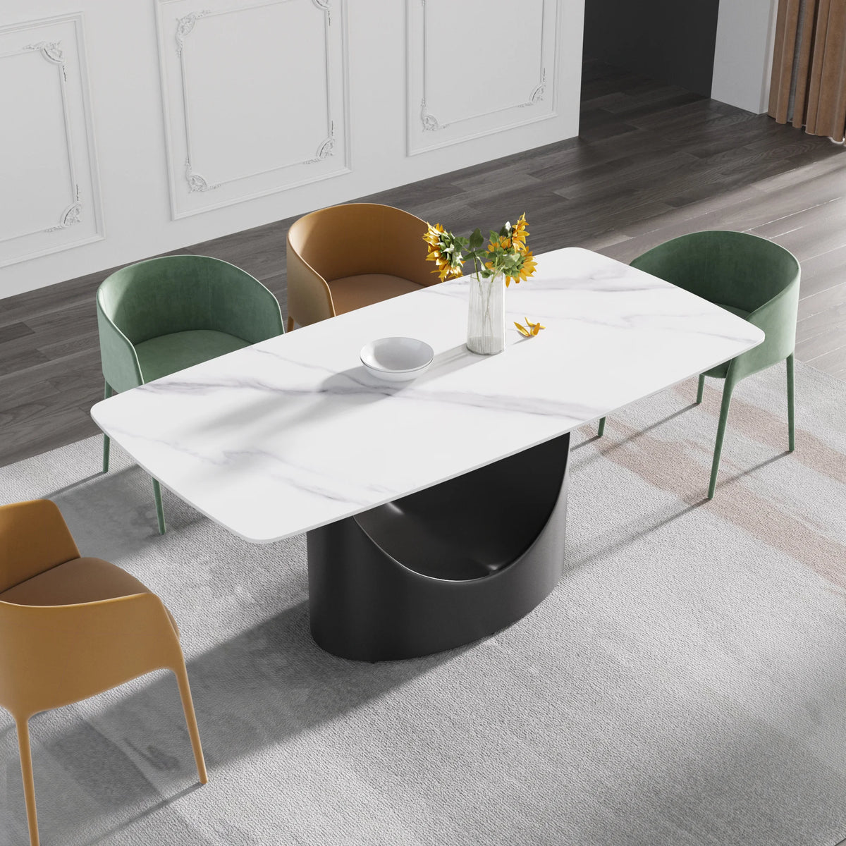 Mesa de comedor Marbella de piedra sinterizada | Rectangular, blanca brillante, de 180 cm con borde curvo