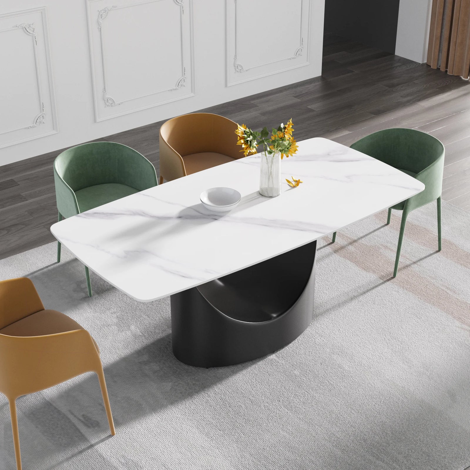 Mesa de comedor Marbella de piedra sinterizada | Rectangular, blanca brillante, de 180 cm con borde curvo