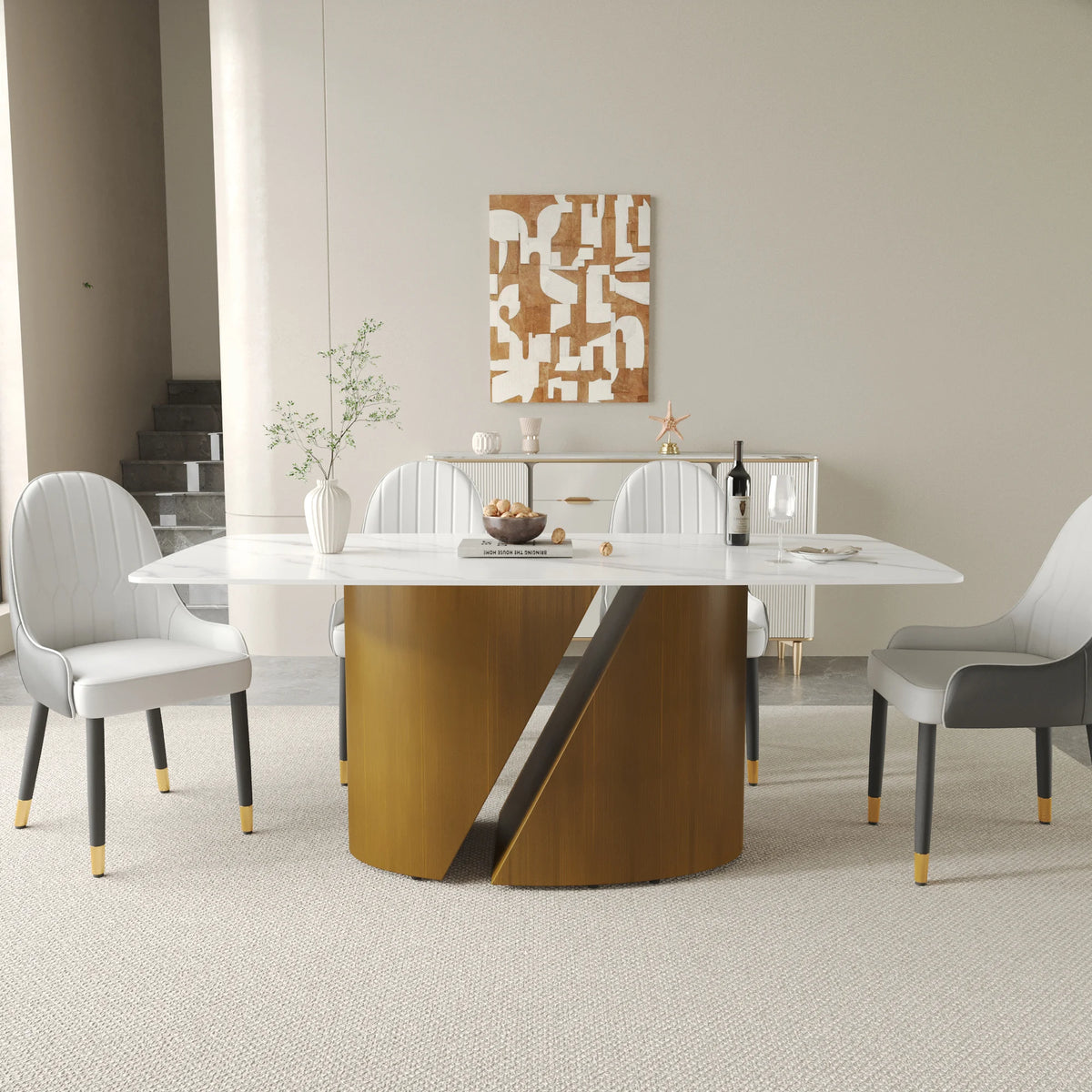 Marbella Sintered Stone Dining Table | 71" White Gloss Rectangular With Curved Edge