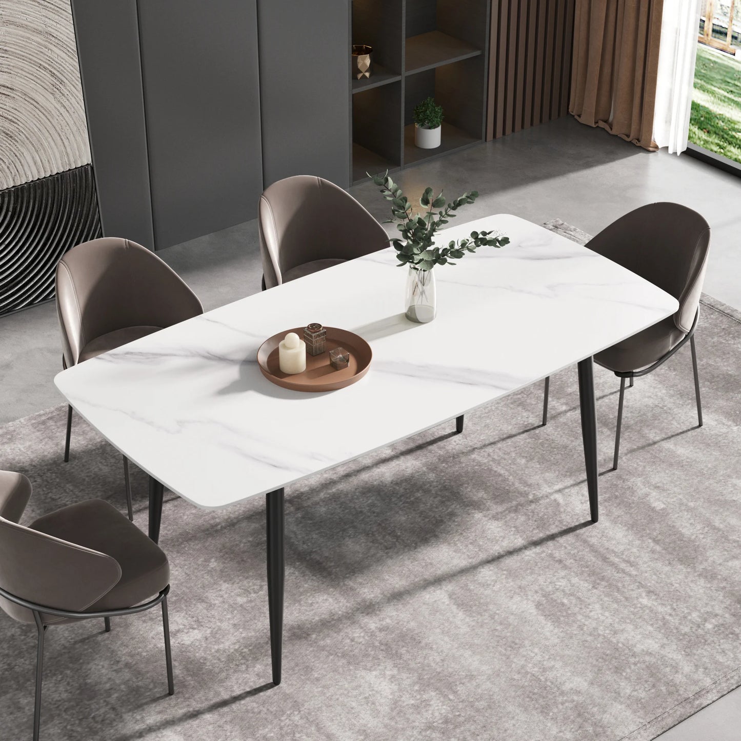 Marbella Sintered Stone Dining Table | 71" White Gloss Rectangular With Curved Edge