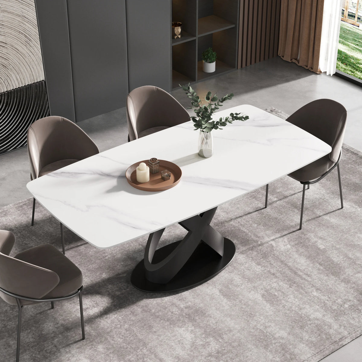 Marbella Sintered Stone Dining Table | 71" White Gloss Rectangular With Curved Edge