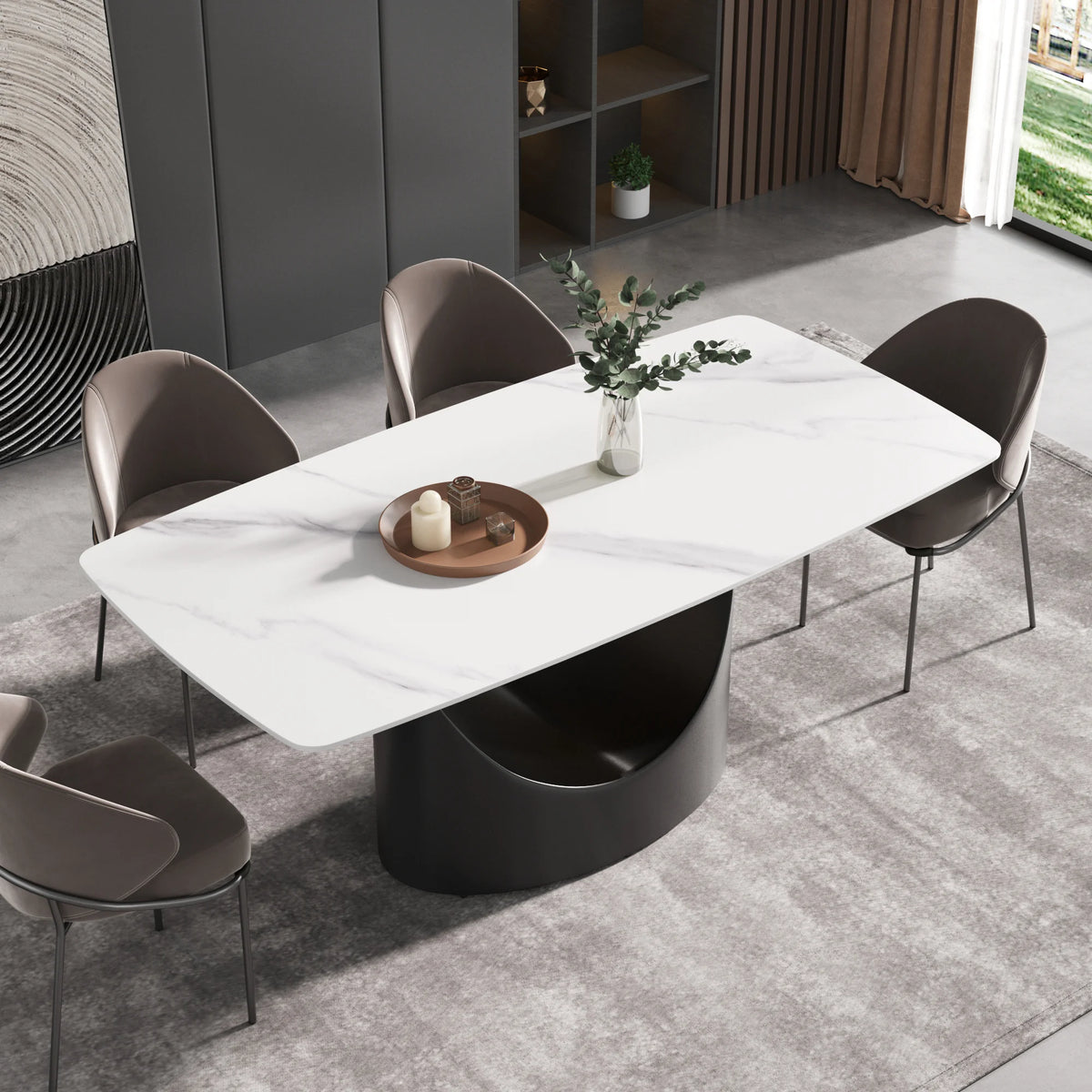 Mesa de comedor Marbella de piedra sinterizada | Rectangular, blanca brillante, de 180 cm con borde curvo
