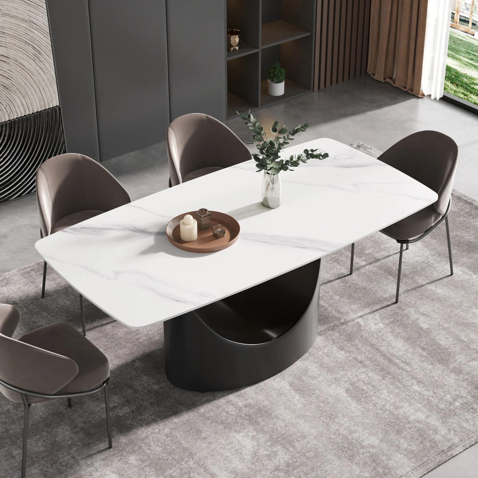 Mesa de comedor Marbella de piedra sinterizada | Rectangular, blanca brillante, de 180 cm con borde curvo