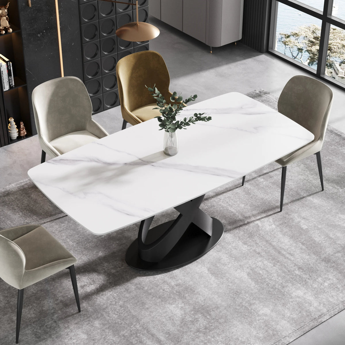 Marbella Sintered Stone Dining Table | 71" White Gloss Rectangular With Curved Edge