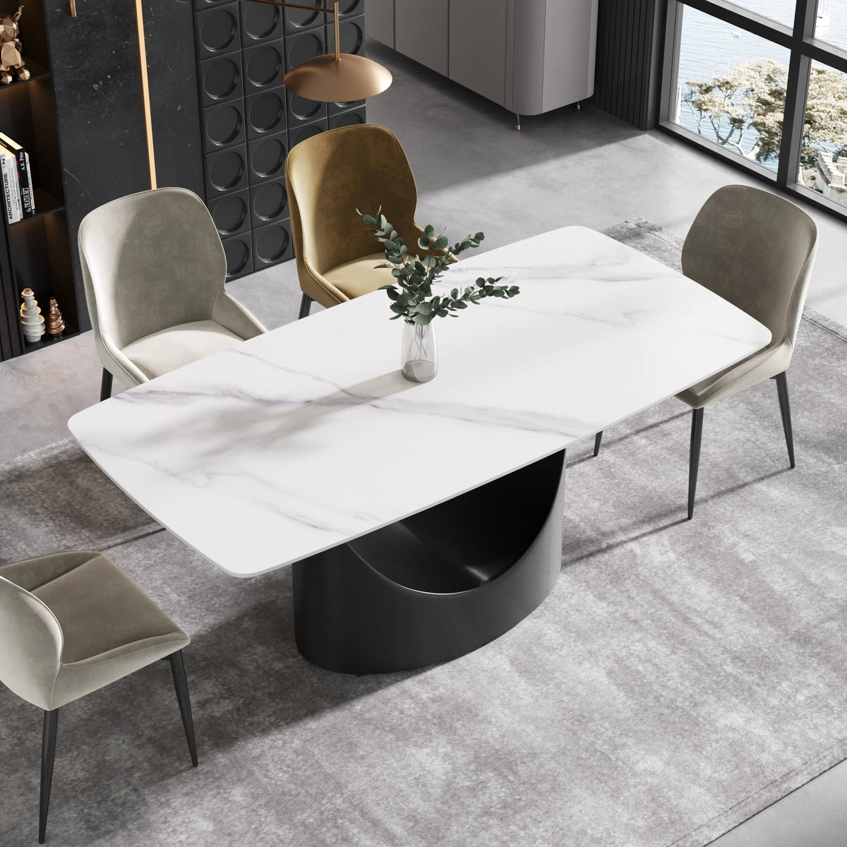 Mesa de comedor Marbella de piedra sinterizada | Rectangular, blanca brillante, de 180 cm con borde curvo