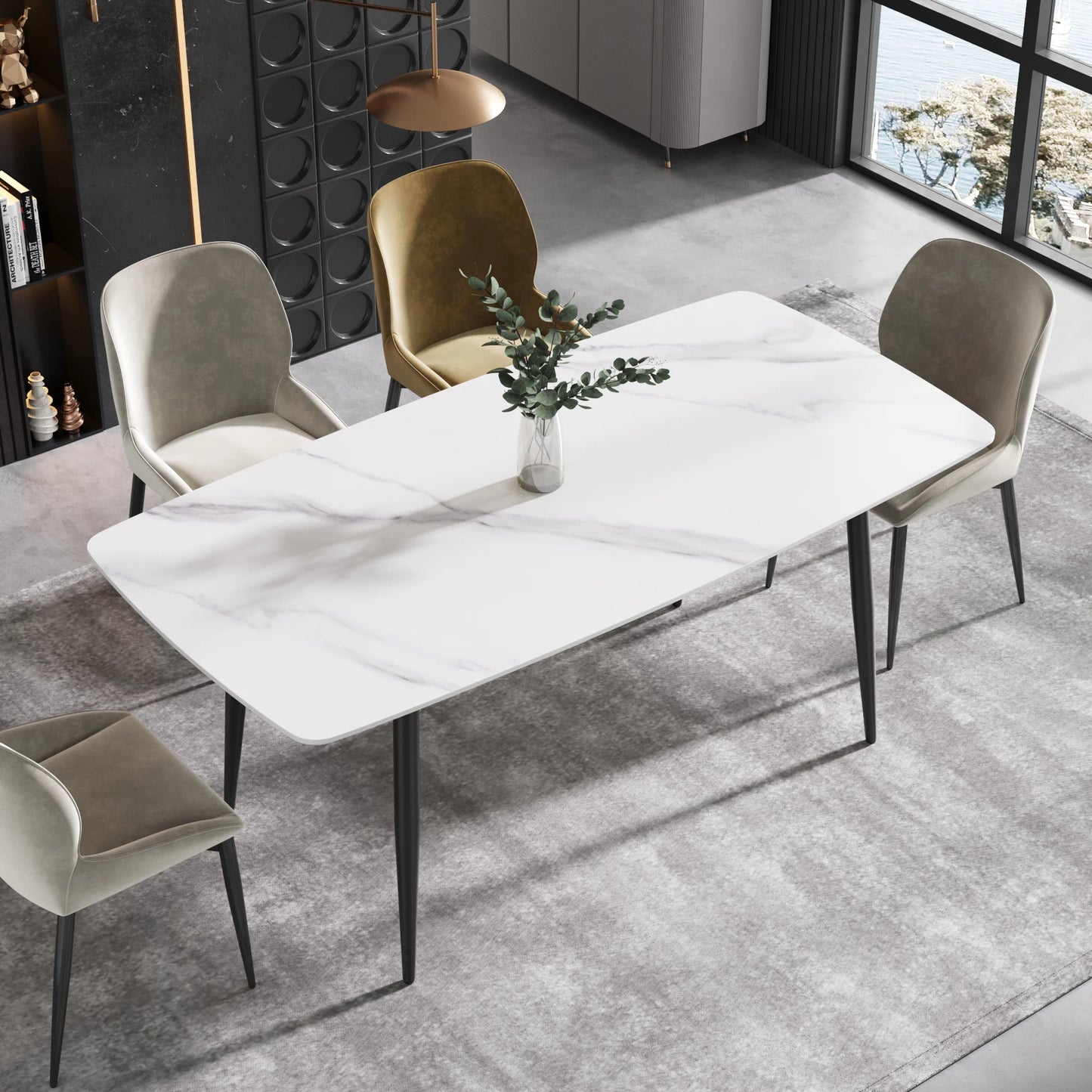 Marbella Sintered Stone Dining Table | 71" White Gloss Rectangular With Curved Edge