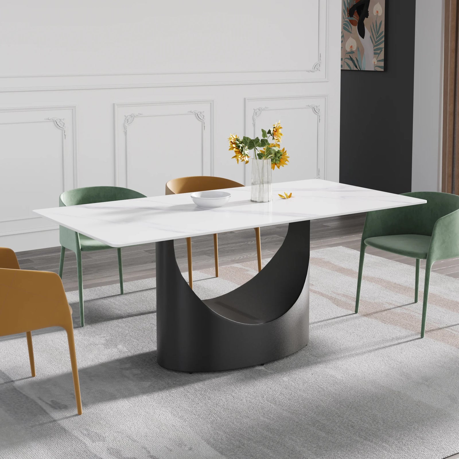 Mesa de comedor Marbella de piedra sinterizada | Rectangular, blanca brillante, de 180 cm (71") con borde recto