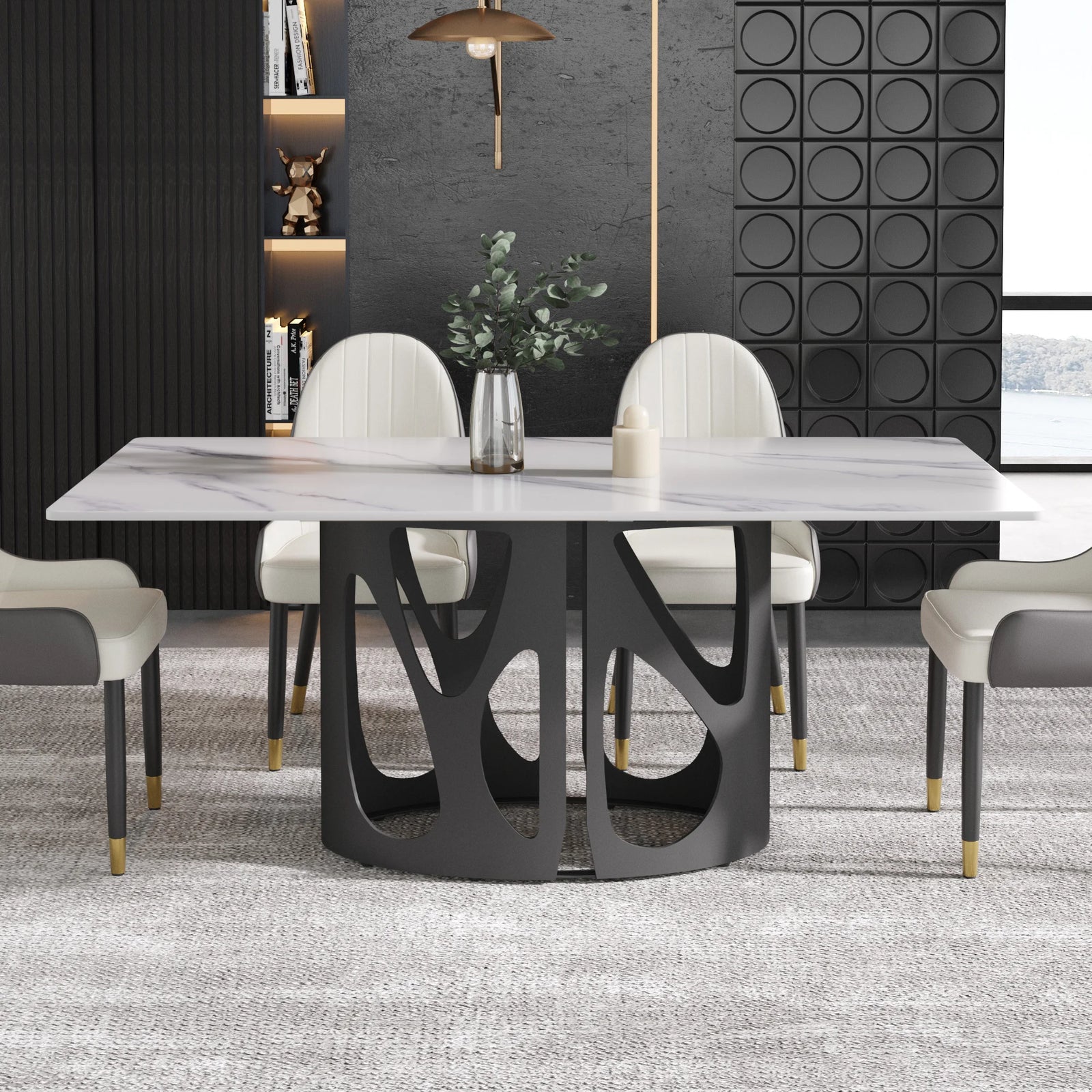 Mesa de comedor Marbella de piedra sinterizada | Rectangular, blanca brillante, de 180 cm (71") con borde recto