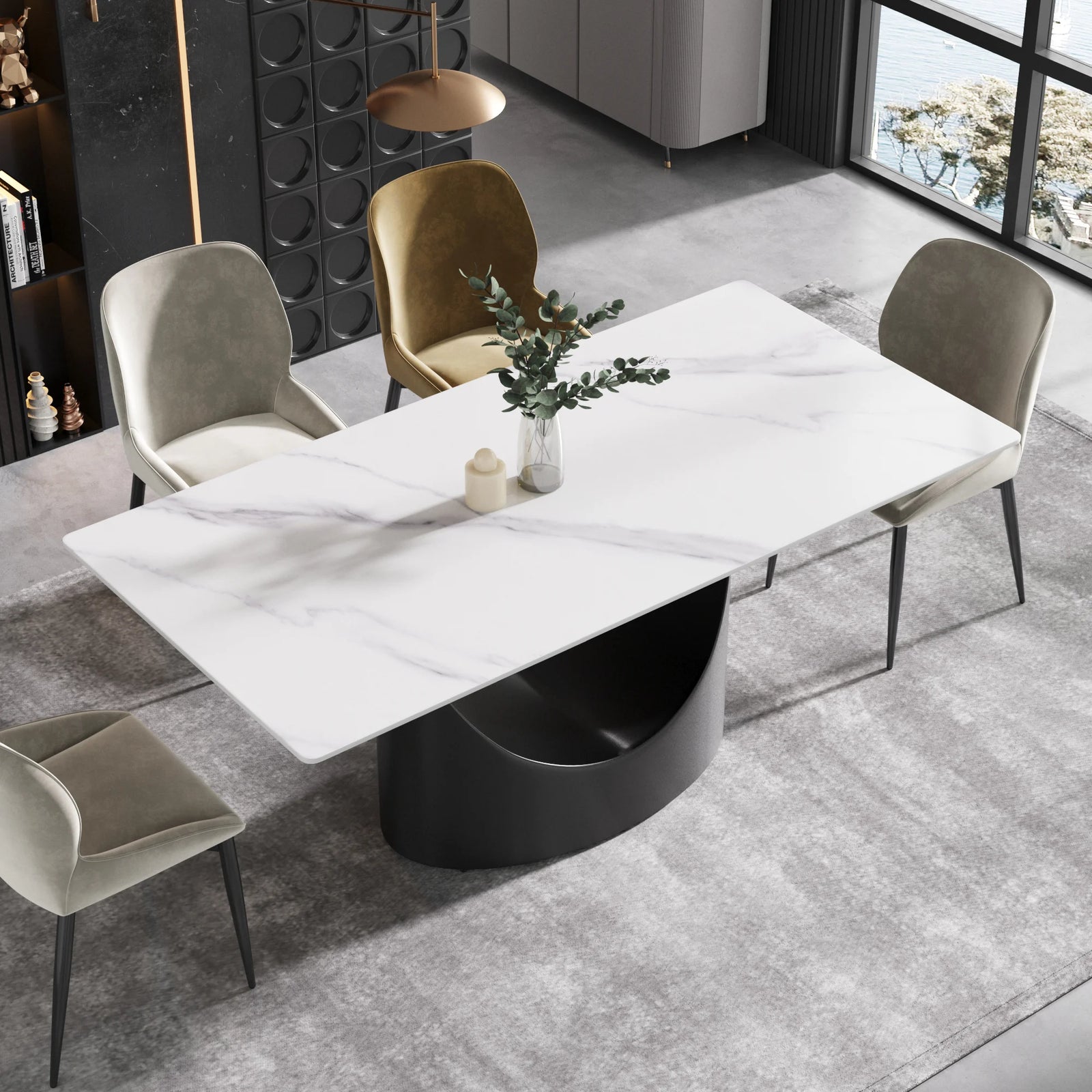 Mesa de comedor Marbella de piedra sinterizada | Rectangular, blanca brillante, de 180 cm (71") con borde recto