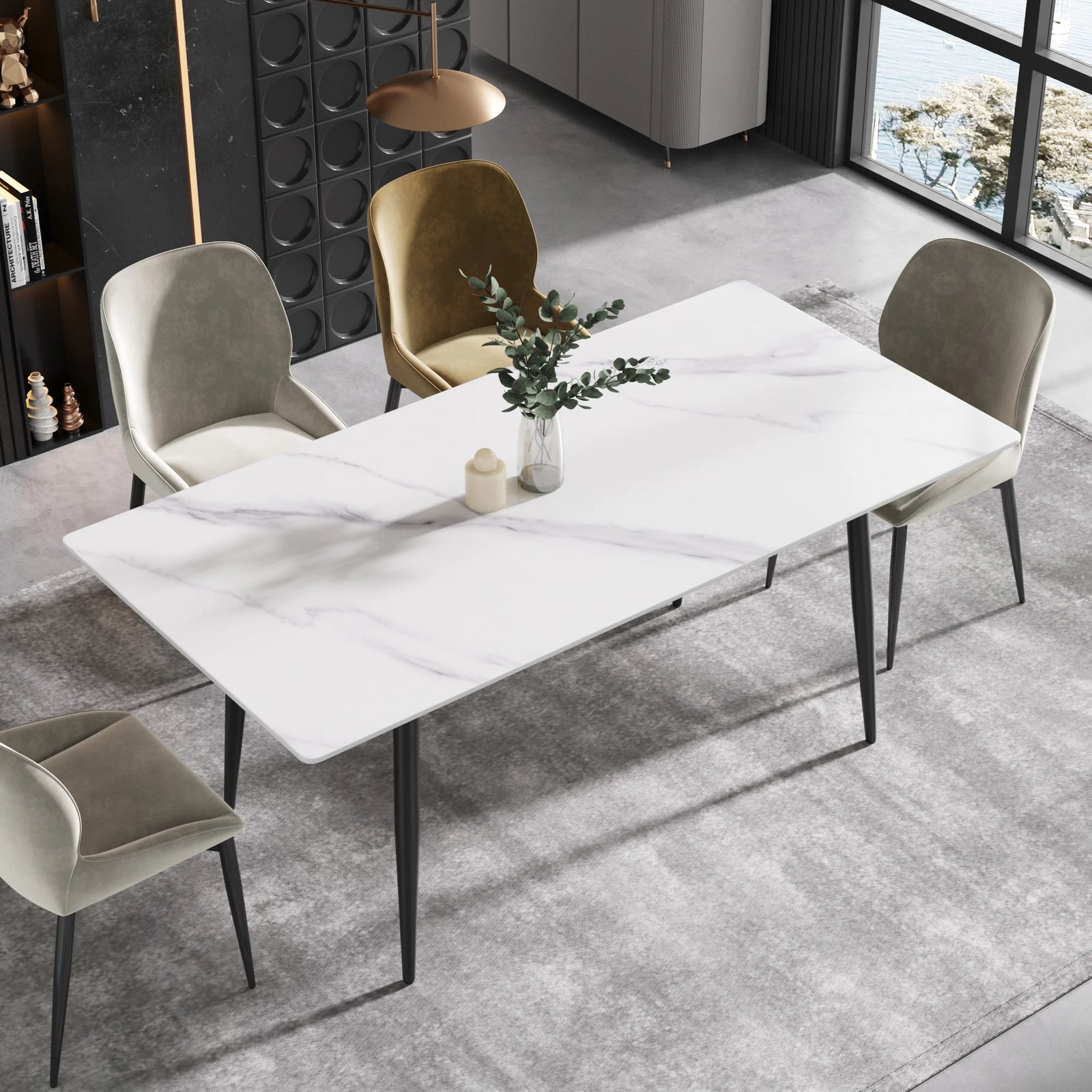Mesa de comedor Marbella de piedra sinterizada | Rectangular, blanca brillante, de 180 cm (71") con borde recto