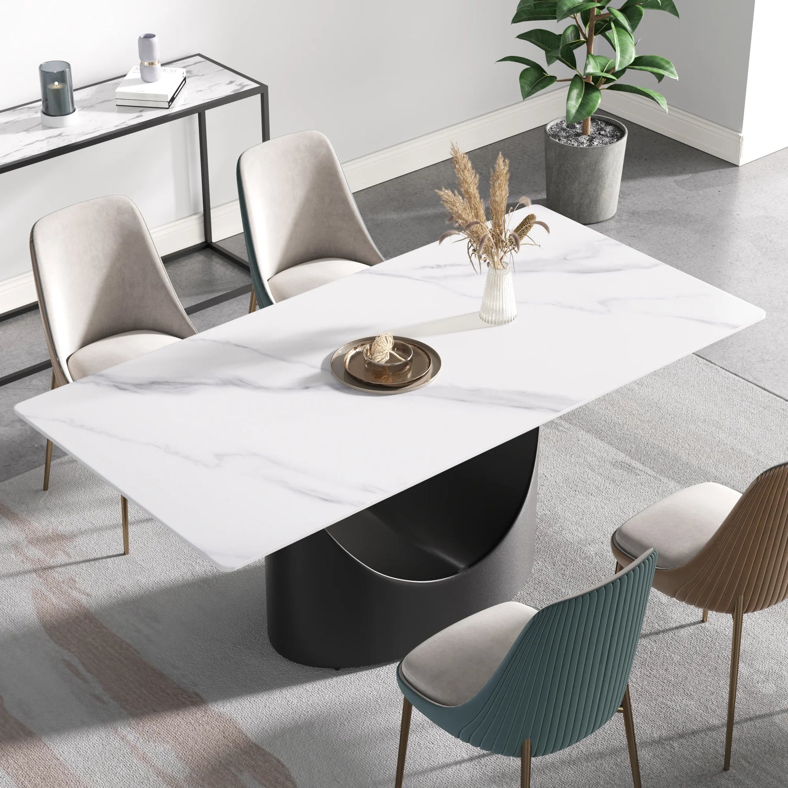 Mesa de comedor Marbella de piedra sinterizada | Rectangular, blanca brillante, de 180 cm (71") con borde recto