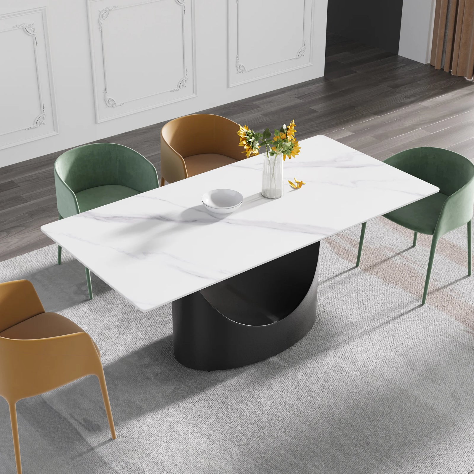 Mesa de comedor Marbella de piedra sinterizada | Rectangular, blanca brillante, de 180 cm (71") con borde recto