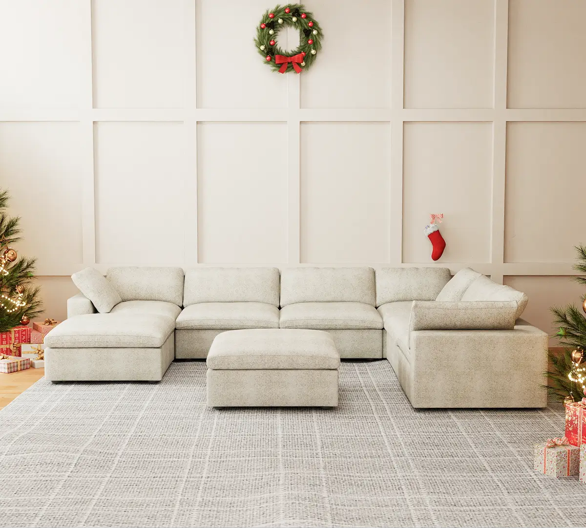 Deluxe Premium Cloud Sectional Sofas | 8-Piece Cotton and Linen Khaki Sofa Sets 160