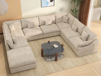 Deluxe Cloud 7-Seater Khaki Open Space Pit Sectional | 8-Piece (Includes 1 Ottoman), Chenille And Linen Fabric, Easy To Clean