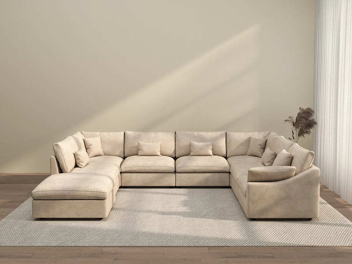 Deluxe Cloud 7-Seater Khaki Open Space Pit Sectional | 8-Piece (Includes 1 Ottoman), Chenille And Linen Fabric, Easy To Clean