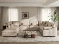 Deluxe Cloud 7-Seater Khaki Open Space Pit Sectional | 8-Piece (Includes 1 Ottoman), Chenille And Linen Fabric, Easy To Clean