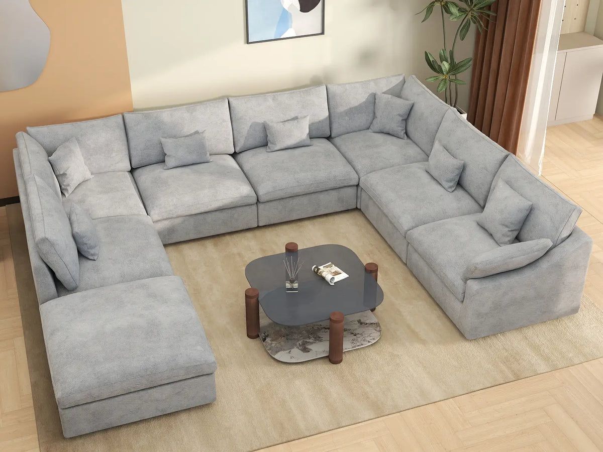 Deluxe Cloud 7-Seater Light Grey Open Space Pit Sectional | 8-Piece (Includes 1 Ottoman), Chenille And Linen Fabric, Easy To Clean